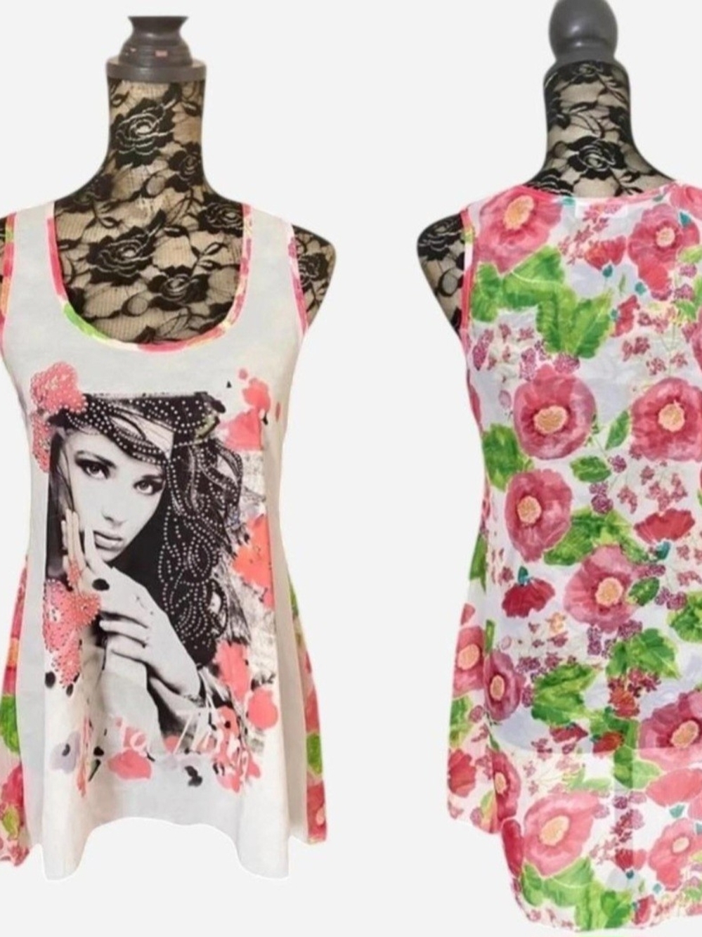 Floral Rhinstone Graphic Scoop Neck Tank Top Tunic- Pink & Green NWOT